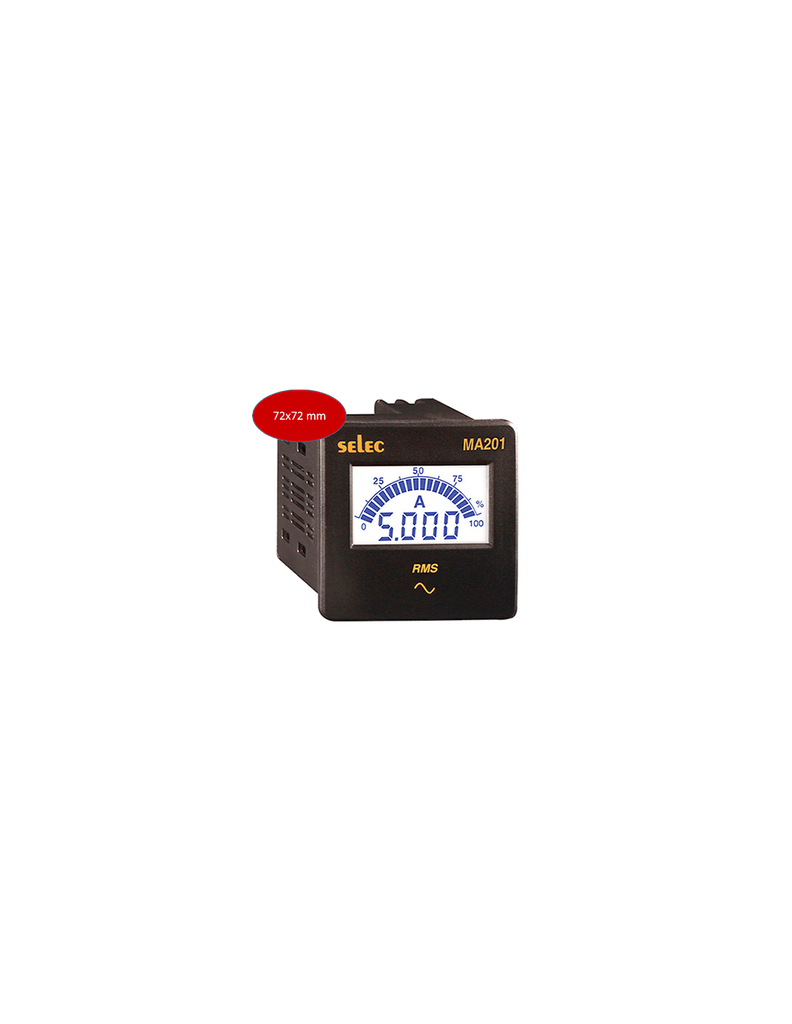 [MA201-110V] Amperímetro, 1Ø, 72x72 Analógico / Digital Pantalla LCD, 1Ø, Entrada TC Hasta 5000A