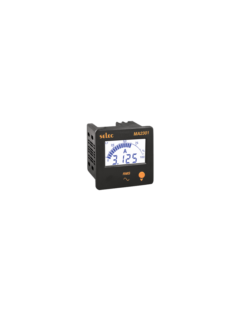[MA2301-110V] Amperímetro, 3Ø, 72x72 Analógico / Digital Pantalla LCD, 3Ø-4H, 3Ø-3H, 1Ø-2H Entrada TC Hasta 5000A