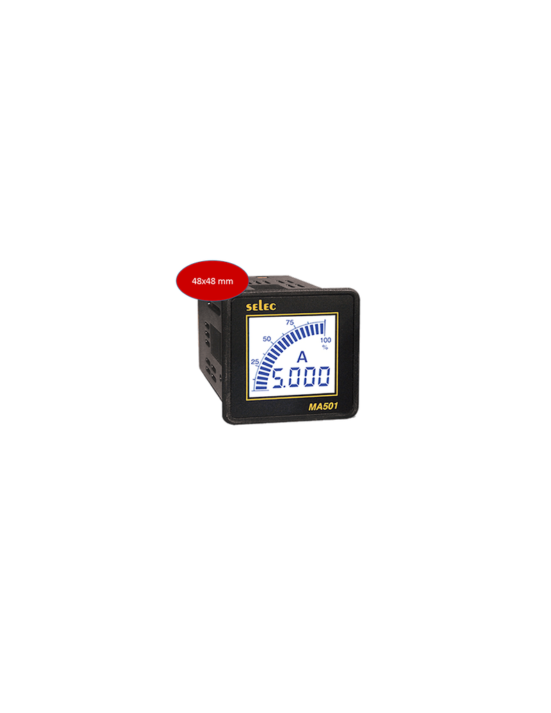 [MA501-110V] Amperímetro, 1Ø, 48x48 Analógico / Digital Pantalla LCD, 1Ø Entrada TC hasta 5000A
